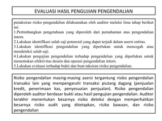 EVALUASI HASIL PENGUJIAN PENGENDALIAN
penaksiran risiko pengendalian dilaksanakan oleh auditor melalui lima tahap berikut
ini:
1.Pertimbangkan pengetahuan yang diperoleh dari pemahaman atas pengendalian
intern.
2.Lakukan identiflkasi salah saji potensial yang dapat terjadi dalam asersi entitas.
3.Lakukan identiflkasi pengendalian yang diperlukan untuk mencegah atau
mendeteksi salah saji.
4.Lakukan pengujian pengendalian terhadap pengendalian yang diperlukan untuk
menentukan efektivitas desain dan operasi pengendalian intern.
5.Lakukan evaluasi terhadap bukti dan buat taksiran risiko pengendalian.

Risiko pengendalian masing-masing asersi tergantung risiko pengendalian
transaksi lain yang mempengaruhi transaksi piutang dagang (penjualan
kredit, penerimaan kas, penyesuaian penjualan). Risiko pengendalian
diperoleh auditor berdasar bukti atau hasil pengujian pengendalian. Auditor
terakhir menentukan besarnya risiko deteksi dengan memperhatikan
besarnya risiko audit yang ditetapkan, risiko bawaan, dan risiko
pengendalian
 