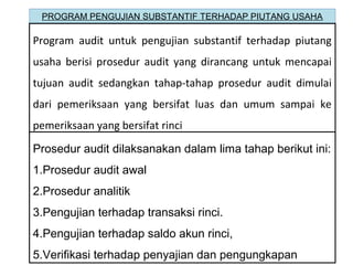 PROGRAM PENGUJIAN SUBSTANTIF TERHADAP PIUTANG USAHA

Program audit untuk pengujian substantif terhadap piutang
usaha berisi prosedur audit yang dirancang untuk mencapai
tujuan audit sedangkan tahap-tahap prosedur audit dimulai
dari pemeriksaan yang bersifat luas dan umum sampai ke
pemeriksaan yang bersifat rinci

Prosedur audit dilaksanakan dalam lima tahap berikut ini:
1.Prosedur audit awal
2.Prosedur analitik
3.Pengujian terhadap transaksi rinci.
4.Pengujian terhadap saldo akun rinci,
5.Verifikasi terhadap penyajian dan pengungkapan
 