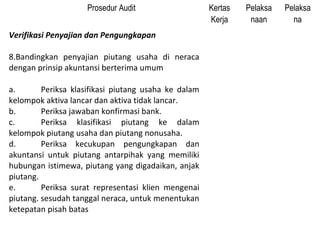 Prosedur Audit                   Kertas   Pelaksa   Pelaksa
                                                      Kerja     naan       na
Verifikasi Penyajian dan Pengungkapan

8.Bandingkan penyajian piutang usaha di neraca
dengan prinsip akuntansi berterima umum

a.       Periksa klasifikasi piutang usaha ke dalam
kelompok aktiva lancar dan aktiva tidak lancar.
b.       Periksa jawaban konfirmasi bank.
c.       Periksa klasifikasi piutang ke dalam
kelompok piutang usaha dan piutang nonusaha.
d.       Periksa kecukupan pengungkapan dan
akuntansi untuk piutang antarpihak yang memiliki
hubungan istimewa, piutang yang digadaikan, anjak
piutang.
e.       Periksa surat representasi klien mengenai
piutang. sesudah tanggal neraca, untuk menentukan
ketepatan pisah batas
 