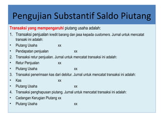 Pengujian Substantif Saldo Piutang
Transaksi yang mempengaruhi piutang usaha adalah:
1. Transaksi penjualan kredit barang dan jasa kepada customers. Jurnal untuk mencatat
   transaki ini adalah:
• Piutang Usaha                 xx
• Pendapatan penjualan                     xx
2. Transaksi retur penjualan. Jurnal untuk mencatat transaksi ini adalah:
• Retur Penjualan               xx
• Piutang Usaha                            xx
3. Transaksi penerimaan kas dari debitur. Jurnal untuk mencatat transaksi ini adalah:
• Kas                           xx
• Piutang Usaha                            xx
4. Transaksi penghapusan piutang. Jurnal untuk mencatat transaksi ini adalah:
• Cadangan Kerugian Piutang xx
• Piutang Usaha                            xx
 
