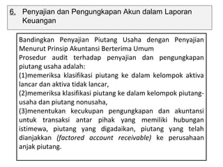 6. Penyajian dan Pengungkapan Akun dalam Laporan
   Keuangan

  Bandingkan Penyajian Piutang Usaha dengan Penyajian
  Menurut Prinsip Akuntansi Berterima Umum
  Prosedur audit terhadap penyajian dan pengungkapan
  piutang usaha adalah:
  (1)memeriksa klasifikasi piutang ke dalam kelompok aktiva
  lancar dan aktiva tidak lancar,
  (2)memeriksa klasifikasi piutang ke dalam kelompok piutang-
  usaha dan piutang nonusaha,
  (3)menentukan kecukupan pengungkapan dan akuntansi
  untuk transaksi antar pihak yang memiliki hubungan
  istimewa, piutang yang digadaikan, piutang yang telah
  dianjakkan (factored account receivable) ke perusahaan
  anjak piutang.
 