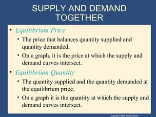 Copyright © 2004 South-Western
SUPPLY AND DEMAND
TOGETHER
• Equilibrium Price
• The price that balances quantity supplied and
quantity demanded.
• On a graph, it is the price at which the supply and
demand curves intersect.
• Equilibrium Quantity
• The quantity supplied and the quantity demanded at
the equilibrium price.
• On a graph it is the quantity at which the supply and
demand curves intersect.
 