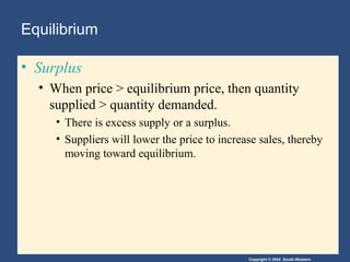 Copyright © 2004 South-Western
Equilibrium
• Surplus
• When price > equilibrium price, then quantity
supplied > quantity demanded.
• There is excess supply or a surplus.
• Suppliers will lower the price to increase sales, thereby
moving toward equilibrium.
 