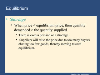 Copyright © 2004 South-Western
Equilibrium
• Shortage
• When price < equilibrium price, then quantity
demanded > the quantity supplied.
• There is excess demand or a shortage.
• Suppliers will raise the price due to too many buyers
chasing too few goods, thereby moving toward
equilibrium.
 