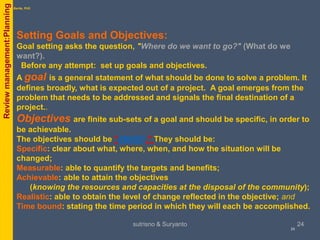 sutrisno & Suryanto 24
Setting Goals and Objectives:
Goal setting asks the question, "Where do we want to go?" (What do we
want?).
Before any attempt: set up goals and objectives.
A goal is a general statement of what should be done to solve a problem. It
defines broadly, what is expected out of a project. A goal emerges from the
problem that needs to be addressed and signals the final destination of a
project..
Objectives are finite sub-sets of a goal and should be specific, in order to
be achievable.
The objectives should be "SMART." They should be:
Specific: clear about what, where, when, and how the situation will be
changed;
Measurable: able to quantify the targets and benefits;
Achievable: able to attain the objectives
(knowing the resources and capacities at the disposal of the community);
Realistic: able to obtain the level of change reflected in the objective; and
Time bound: stating the time period in which they will each be accomplished.
byPhil Bartle, PhDReviewmanagement:Planning
24
 