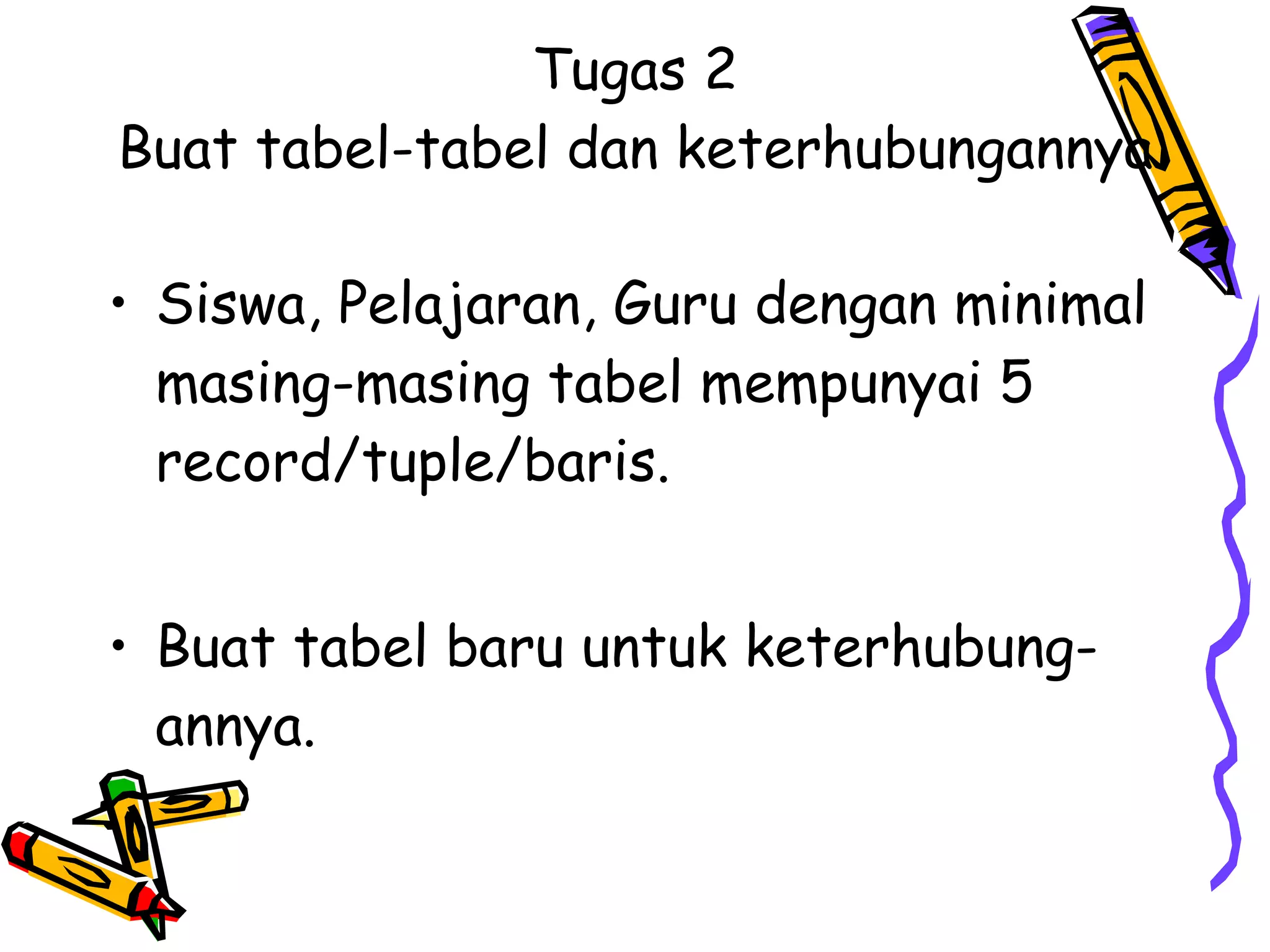 Tugas 2 Buat tabel-tabel dan keterhubungannya Siswa, Pelajaran, Guru dengan minimal masing-masing tabel mempunyai 5 record/tuple/baris.  Buat tabel baru untuk keterhubung-annya. 