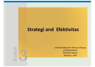 3
Kuliah
Strategi and		Efektivitas
Understanding	the	Theory	&	Design	
of	Organizations
Eleventh	Edition
Richard	L.	Daft
 