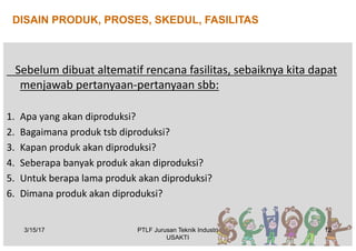 DISAIN PRODUK, PROSES, SKEDUL, FASILITAS
Sebelum	dibuat	altematif	rencana	fasilitas,	sebaiknya	kita	dapat	
menjawab	pertanyaan-pertanyaan	sbb:
1. Apa	yang	akan	diproduksi?
2. Bagaimana	produk	tsb	diproduksi?
3. Kapan	produk	akan	diproduksi?	
4. Seberapa	banyak	produk	akan	diproduksi?
5. Untuk	berapa	lama	produk	akan	diproduksi?
6. Dimana	produk	akan	diproduksi?	
3/15/17 12PTLF Jurusan Teknik Industri
USAKTI
 
