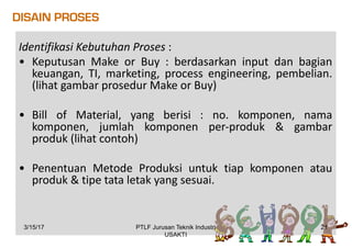 DISAIN PROSES
Identifikasi	Kebutuhan	Proses :
• Keputusan Make or Buy : berdasarkan input dan bagian
keuangan, TI, marketing, process engineering, pembelian.
(lihat gambar prosedur Make or Buy)
• Bill of Material, yang berisi : no. komponen, nama
komponen, jumlah komponen per-produk & gambar
produk (lihat contoh)
• Penentuan Metode Produksi untuk tiap komponen atau
produk & tipe tata letak yang sesuai.
3/15/17 21PTLF Jurusan Teknik Industri
USAKTI
 