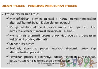 DISAIN PROSES – PEMILIHAN KEBUTUHAN PROSES
2. Prosedur Pemilihan Proses
ü Mendefinisikan elemen operasi : harus mempertimbangkan
alternatif bentuk bahan & tipe elemen operasi
ü Mengidentifikasi altematif proses untuk tiap operasi : tipe
peralatan, alternatif manual mekanisasi – otomasi
ü Menganalisis altematif proses untuk tiap operasi : penentuan
waktu’ unit produk, alternatif
ü Standarisasi proses
ü Evaluasi, alternative proses: evaluasi ekonomis untuk tiap
alternative tiap peralatan
ü Pemilihan proses : kriterianya adalah fleksibilitas, reliabilitas,
keselamatan kerja & kemudahan pemeliharaan
3/15/17 23PTLF Jurusan Teknik Industri
USAKTI
 