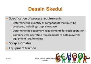 Desain Skedul
• Specification	of	process	requirements	
– Determine	the	quantity	of	components	that	must	be	
produced,	including	scrap	allowance
– Determine	the	equipment	requirements	for	each	operation
– Combines	the	operation	requirements	to	obtain	overall	
equipment	requirements
• Scrap	estimates
• Equipment	fraction
3/15/17 32PTLF Jurusan Teknik Industri
USAKTI
 