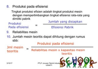 8. Produksi pada efisiensi
Tingkat produksi efisien adalah tingkat produksi mesin
dengan mempertimbangkan tingkat efisiensi rata-rata yang
dimiliki pabrik
9. Reliabilitas mesin
10. Jumlah mesin teoritis dapat dihitung dengan rumus
sbb:
Produksi
Pada efisiensi
=
Jumlah yang disiapkan
Efisiensi Pabrik
Jml mesin
teoritis
=
Produksi pada efisiensi
Reliabilitas mesin x kapasitas mesin
teoritis
3/15/17 43PTLF Jurusan Teknik Industri
USAKTI
 