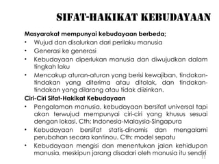 11
sifat-hakikat kebudayaan
Masyarakat mempunyai kebudayaan berbeda;
• Wujud dan disalurkan dari perilaku manusia
• Generasi ke generasi
• Kebudayaan diperlukan manusia dan diwujudkan dalam
tingkah laku
• Mencakup aturan-aturan yang berisi kewajiban, tindakan-
tindakan yang diterima atau ditolak, dan tindakan-
tindakan yang dilarang atau tidak diizinkan.
Ciri-Ciri Sifat-Hakikat Kebudayaan
• Pengalaman manusia, kebudayaan bersifat universal tapi
akan terwujud mempunyai ciri-ciri yang khusus sesuai
dengan lokasi. Cth: Indonesia-Malaysia-Singapura
• Kebudayaan bersifat statis-dinamis dan mengalami
perubahan secara kontinou. Cth: model sepatu
• Kebudayaan mengisi dan menentukan jalan kehidupan
manusia, meskipun jarang disadari oleh manusia itu sendiri
 