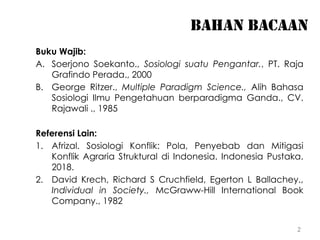 2
BAHAN BACAAN
Buku Wajib:
A. Soerjono Soekanto., Sosiologi suatu Pengantar., PT. Raja
Grafindo Perada., 2000
B. George Ritzer., Multiple Paradigm Science., Alih Bahasa
Sosiologi Ilmu Pengetahuan berparadigma Ganda., CV.
Rajawali ., 1985
Referensi Lain:
1. Afrizal. Sosiologi Konflik: Pola, Penyebab dan Mitigasi
Konflik Agraria Struktural di Indonesia. Indonesia Pustaka.
2018.
2. David Krech, Richard S Cruchfield, Egerton L Ballachey.,
Individual in Society., McGraww-Hill International Book
Company., 1982
 