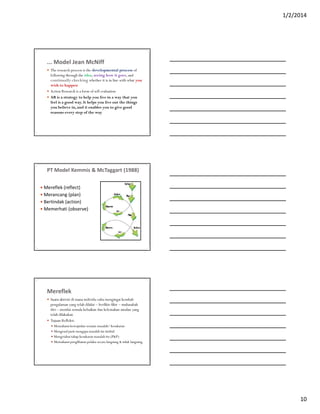 1/2/2014
10
... Model Jean McNiff
 The research process is the developmental process of
following through the idea, seeing how it goes, and
continually checking whether it is in line with what you
wish to happen
 Action Research is a form of self evaluation
 AR is a strategy to help you live in a way that you
feel is a good way. It helps you live out the things
you believe in, and it enables you to give good
reasons every step of the way
PT Model Kemmis & McTaggart (1988)
 Mereflek (reflect)
 Merancang (plan)
 Bertindak (action)
 Memerhati (observe)
Mereflek
 Suatu aktiviti di mana individu cuba mengingat kembali
pengalaman yang telah dilalui – berfikir-fikir – muhasabah
diri – menilai semula kebaikan dan kelemahan amalan yang
telah dilakukan
 Tujuan Refleksi:
 Memahami kewujudan sesuatu masalah/ kesukaran
 Mengenal pasti mengapa masalah itu timbul
 Mengetahui tahap kesukaran masalah itu (P&P)
 Memahami penglibatan pelaku secara langsung & tidak langsung
 