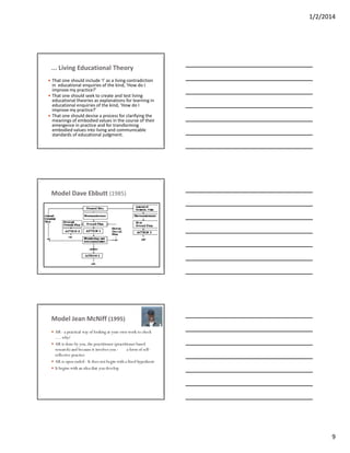 1/2/2014
9
... Living Educational Theory
 That one should include ‘I’ as a living contradiction
in educational enquiries of the kind, ‘How do I
improve my practice?’
 That one should seek to create and test living
educational theories as explanations for learning in
educational enquiries of the kind, ‘How do I
improve my practice?’
 That one should devise a process for clarifying the
meanings of embodied values in the course of their
emergence in practice and for transforming
embodied values into living and communicable
standards of educational judgment.
Model Dave Ebbutt (1985)
Model Jean McNiff (1995)
 AR - a practical way of looking at your own work to check
…. why?
 AR is done by you, the practitioner (practitioner based
research) and because it involves you - a form of self-
reflective practice
 AR is open ended - It does not begin with a fixed hypothesis
 It begins with an idea that you develop
 