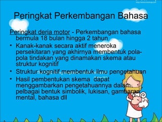Peringkat Perkembangan Bahasa
Peringkat deria motor - Perkembangan bahasa
  bermula 18 bulan hingga 2 tahun
• Kanak-kanak secara aktif meneroka
  persekitaran yang akhirnya membentuk pola-
  pola tindakan yang dinamakan skema atau
  struktur kognitif
• Struktur kognitif membentuk ilmu pengetahuan
• Hasil pembentukan skema dapat
  menggambarkan pengetahuannya dalam
  pelbagai bentuk simbolik, lukisan, gambaran
  mental, bahasa dll
 
