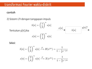 transformasi Fourier waktu-diskrit
contoh
2) Sistem LTI dengan tanggapan impuls
Tentukan y[n] jika
Solusi:
 