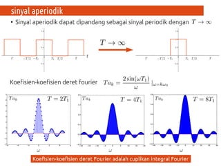 sinyal aperiodik
●
Sinyal aperiodik dapat dipandang sebagai sinyal periodik dengan
Koefisien-koefisien deret fourier
Koefisien-koefisien deret Fourier adalah cuplikan integral Fourier
 