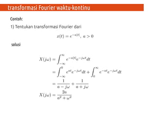 Contoh:
1) Tentukan transformasi Fourier dari:
solusi
transformasi Fourier waktu-kontinu
 