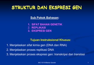 STRUKTUR DAN EKSPRESI GEN

                  Sub Pokok Bahasan:

                1. SIFAT BAHAN GENETIK
                2. REPLIKASI
                3. EKSPRESI GEN


                  Tujuan Instruksional Khusus:
1. Menjelaskan sifat kimia gen (DNA dan RNA)
2. Menjelaskan proses replikasi DNA
3. Menjelaskan proses ekspresi gen: transkripsi dan translasi

                        BIO 101/VII/Bahan Genetik               1
 