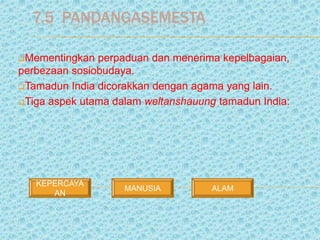 7.5 PANDANGASEMESTA
Mementingkan perpaduan dan menerima kepelbagaian,
perbezaan sosiobudaya.
Tamadun India dicorakkan dengan agama yang lain.
Tiga aspek utama dalam weltanshauung tamadun India:
KEPERCAYA
AN
ALAMMANUSIA
 