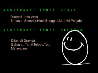 M A S Y A R A K A T I N D I A U T A R A
• Dikenali Indo-Arya
• Bahasa : Sanskrit,Hindi,Benggali,Marathi,Punjabi
M A S Y A R A K A T I N D I A S E L A T A N
• Dikenali Dravida
• Bahasa : Tamil,Telegu,Tulu
Malayalam
 