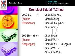 USK 1012
Tamadun Cina                       Tamadun Islam dan Tamadun Asia




                    Kronologi Sejarah T.China
               2000 SM    -     Dinasti Xia/Hsia
               (Zaman           Dinasti Shang
               Pembinaan)       Dinasti Chou/Zhou
                                Dinasti Qin

               206 SM-439 M -   Dinasti Han
               (Zaman           Dinasti Wei
               Keagungan)       Dinasti Shu      3 negara
                                Dinasti Wu
                                Dinasti Jin/Chin
 