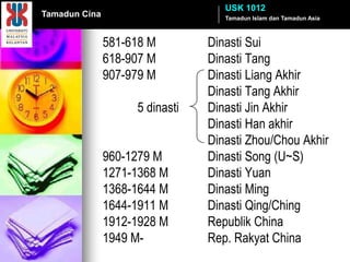USK 1012
Tamadun Cina                       Tamadun Islam dan Tamadun Asia



               581-618 M        Dinasti Sui
               618-907 M        Dinasti Tang
               907-979 M        Dinasti Liang Akhir
                                Dinasti Tang Akhir
                    5 dinasti   Dinasti Jin Akhir
                                Dinasti Han akhir
                                Dinasti Zhou/Chou Akhir
               960-1279 M       Dinasti Song (U~S)
               1271-1368 M      Dinasti Yuan
               1368-1644 M      Dinasti Ming
               1644-1911 M      Dinasti Qing/Ching
               1912-1928 M      Republik China
               1949 M-          Rep. Rakyat China
 