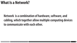 What Is a Network?


 Network is a combination of hardware, software, and
 cabling, which together allow multiple computing devices
 to communicate with each other.



                                                            
 