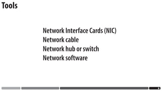 Tools

        Network Interface Cards (NIC)
        Network cable
        Network hub or switch
        Network software


                                        
 