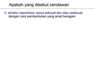 Apakah yang disebut cendawan
5. struktur reproduksi: spora seksual dan atau aseksual,
   dengan cara pembentukan yang amat beragam
 