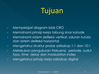 • Mempelajari diagram blok CRO
• Memahami prinsip kerja tabung sinar katode
• Memahami sistem defleksi vertikal, saluran tunda
dan sistem defleksi horizontal
• Mengetahui struktur probe osiloskop 1:1 dan 10:1
• Melakukan pengukuran frekuensi, periode, sudut
fasa, time delay dan modulation index
• Mengetahui prinsip kerja osiloskop digital
6/3/2015 2Fauzun Atabiq, S.T
 
