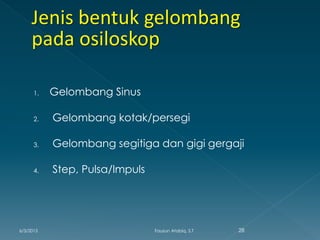1. Gelombang Sinus
2. Gelombang kotak/persegi
3. Gelombang segitiga dan gigi gergaji
4. Step, Pulsa/Impuls
6/3/2015 28Fauzun Atabiq, S.T
 