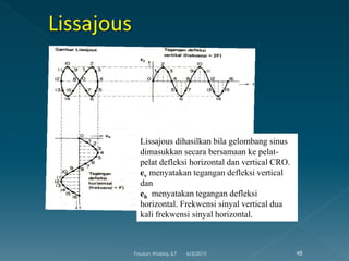Lissajous dihasilkan bila gelombang sinus
dimasukkan secara bersamaan ke pelat-
pelat defleksi horizontal dan vertical CRO.
ev menyatakan tegangan defleksi vertical
dan
eh menyatakan tegangan defleksi
horizontal. Frekwensi sinyal vertical dua
kali frekwensi sinyal horizontal.
6/3/2015 48Fauzun Atabiq, S.T
 