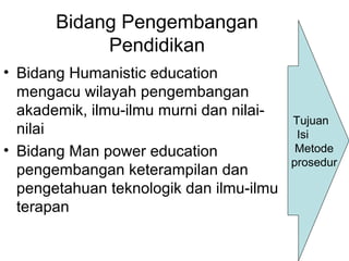 Bidang Pengembangan
Pendidikan
• Bidang Humanistic education
mengacu wilayah pengembangan
akademik, ilmu-ilmu murni dan nilainilai
• Bidang Man power education
pengembangan keterampilan dan
pengetahuan teknologik dan ilmu-ilmu
terapan

Tujuan
Isi
Metode
prosedur

 