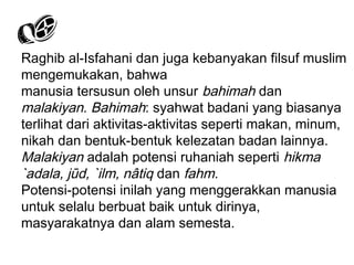 Raghib al-Isfahani dan juga kebanyakan filsuf muslim
mengemukakan, bahwa
manusia tersusun oleh unsur bahimah dan
malakiyan. Bahimah: syahwat badani yang biasanya
terlihat dari aktivitas-aktivitas seperti makan, minum,
nikah dan bentuk-bentuk kelezatan badan lainnya.
Malakiyan adalah potensi ruhaniah seperti hikma
`adala, jūd, `ilm, nâtiq dan fahm.
Potensi-potensi inilah yang menggerakkan manusia
untuk selalu berbuat baik untuk dirinya,
masyarakatnya dan alam semesta.

 