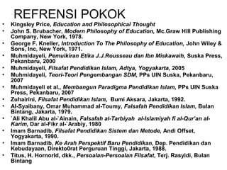 •
•
•
•
•
•
•
•
•
•
•
•
•

REFRENSI POKOK
Kingsley Price, Education and Philosophical Thought
John S. Brubacher, Modern Philosophy of Education, Mc.Graw Hill Publishing
Company, New York, 1978.
George F. Kneller, Introduction To The Philosophy of Education, John Wiley &
Sons, Inc, New York, 1971.
Muhmidayeli, Pemuikiran Etika J.J.Rousseau dan Ibn Miskawaih, Suska Press,
Pekanbaru, 2000
Muhmidayeli, Filsafat Pendidikan Islam, Adtya, Yogyakarta, 2005
Muhmidayeli, Teori-Teori Pengembangan SDM, PPs UIN Suska, Pekanbaru,
2007
Muhmidayeli et al., Membangun Paradigma Pendidikan Islam, PPs UIN Suska
Press, Pekanbaru, 2007
Zuhairini, Filsafat Pendidikan Islam, Bumi Aksara, Jakarta, 1992.
Al-Syaibany, Omar Muhammad al-Toumy, Falsafah Pendidikan Islam, Bulan
Bintang, Jakarta, 1979.
`Ali Khalil Abu al-`Ainain, Falsafah al-Tarbiyah al-Islamiyah fi al-Qur’an alKarim, Dar al-Fikr al-`Arabiy, 1980
Imam Barnadib, Filsafat Pendidikan Sistem dan Metode, Andi Offset,
Yogyakarta, 1990.
Imam Barnadib, Ke Arah Perspektif Baru Pendidikan, Dep. Pendidikan dan
Kebudayaan, Direkto0rat Perguruan Tinggi, Jakarta, 1988.
Titus, H. Hornorld, dkk., Persoalan-Persoalan Filsafat, Terj. Rasyidi, Bulan
Bintang

 