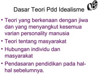 Dasar Teori Pdd Idealisme
• Teori yang berkenaan dengan jiwa
dan yang menyangkut kesemua
varian personality manusia
• Teori tentang masyarakat
• Hubungan individu dan
masyarakat
• Pendasaran pendidikan pada halhal sebelumnya.

 