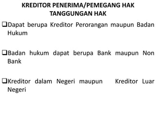 KREDITOR PENERIMA/PEMEGANG HAK
TANGGUNGAN HAK
Dapat berupa Kreditor Perorangan maupun Badan
Hukum
Badan hukum dapat berupa Bank maupun Non
Bank
Kreditor dalam Negeri maupun Kreditor Luar
Negeri
 