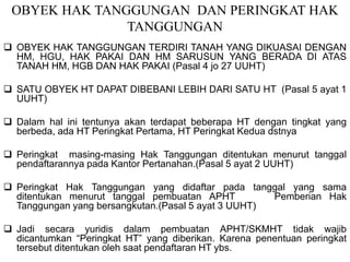 OBYEK HAK TANGGUNGAN DAN PERINGKAT HAK
TANGGUNGAN
 OBYEK HAK TANGGUNGAN TERDIRI TANAH YANG DIKUASAI DENGAN
HM, HGU, HAK PAKAI DAN HM SARUSUN YANG BERADA DI ATAS
TANAH HM, HGB DAN HAK PAKAI (Pasal 4 jo 27 UUHT)
 SATU OBYEK HT DAPAT DIBEBANI LEBIH DARI SATU HT (Pasal 5 ayat 1
UUHT)
 Dalam hal ini tentunya akan terdapat beberapa HT dengan tingkat yang
berbeda, ada HT Peringkat Pertama, HT Peringkat Kedua dstnya
 Peringkat masing-masing Hak Tanggungan ditentukan menurut tanggal
pendaftarannya pada Kantor Pertanahan.(Pasal 5 ayat 2 UUHT)
 Peringkat Hak Tanggungan yang didaftar pada tanggal yang sama
ditentukan menurut tanggal pembuatan APHT Pemberian Hak
Tanggungan yang bersangkutan.(Pasal 5 ayat 3 UUHT)
 Jadi secara yuridis dalam pembuatan APHT/SKMHT tidak wajib
dicantumkan “Peringkat HT” yang diberikan. Karena penentuan peringkat
tersebut ditentukan oleh saat pendaftaran HT ybs.
 