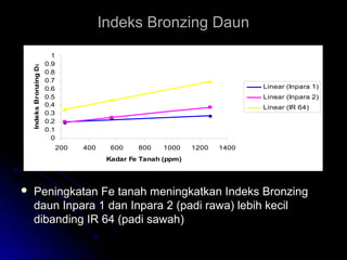 Indeks Bronzing DaunIndeks Bronzing Daun
0
0.1
0.2
0.3
0.4
0.5
0.6
0.7
0.8
0.9
1
200 400 600 800 1000 1200 1400
Kadar Fe Tanah (ppm)
IndeksBronzingDaun
Linear (Inpara 1)
Linear (Inpara 2)
Linear (IR 64)
 Peningkatan Fe tanah meningkatkan Indeks BronzingPeningkatan Fe tanah meningkatkan Indeks Bronzing
daun Inpara 1 dan Inpara 2 (padi rawa) lebih kecildaun Inpara 1 dan Inpara 2 (padi rawa) lebih kecil
dibanding IR 64 (padi sawah)dibanding IR 64 (padi sawah)
 