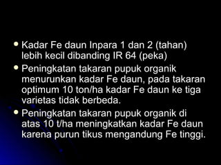  Kadar Fe daun Inpara 1 dan 2 (tahan)Kadar Fe daun Inpara 1 dan 2 (tahan)
lebih kecil dibanding IR 64 (peka)lebih kecil dibanding IR 64 (peka)
 Peningkatan takaran pupuk organikPeningkatan takaran pupuk organik
menurunkan kadar Fe daun, pada takaranmenurunkan kadar Fe daun, pada takaran
optimum 10 ton/ha kadar Fe daun ke tigaoptimum 10 ton/ha kadar Fe daun ke tiga
varietas tidak berbeda.varietas tidak berbeda.
 Peningkatan takaran pupuk organik diPeningkatan takaran pupuk organik di
atas 10 t/ha meningkatkan kadar Fe daunatas 10 t/ha meningkatkan kadar Fe daun
karena purun tikus mengandung Fe tinggi.karena purun tikus mengandung Fe tinggi.
 