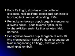  Pada Fe tinggi, aktivitas enzim polifenolPada Fe tinggi, aktivitas enzim polifenol
oksidase, hasil polifenol teroksidasi dan indeksoksidase, hasil polifenol teroksidasi dan indeks
bronzing lebih rendah dibanding IR 64.bronzing lebih rendah dibanding IR 64.
 Peningkatan takaran pupuk organik menurunkanPeningkatan takaran pupuk organik menurunkan
aktivitas enzim , pada takaran optimum 10aktivitas enzim , pada takaran optimum 10
ton/ha aktivitas enzim ke tiga varietas tidakton/ha aktivitas enzim ke tiga varietas tidak
berbeda.berbeda.
 Peningkatan takaran pupuk organik di atas 10Peningkatan takaran pupuk organik di atas 10
t/ha meningkatkan kadar Fe daun karena purunt/ha meningkatkan kadar Fe daun karena purun
tikus mengandung Fe tinggi, aktivitas enzimtikus mengandung Fe tinggi, aktivitas enzim
meningkat kembali.meningkat kembali.
 