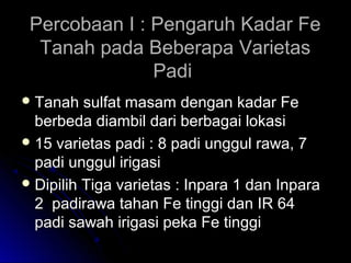 Percobaan I : Pengaruh Kadar FePercobaan I : Pengaruh Kadar Fe
Tanah pada Beberapa VarietasTanah pada Beberapa Varietas
PadiPadi
 Tanah sulfat masam dengan kadar FeTanah sulfat masam dengan kadar Fe
berbeda diambil dari berbagai lokasiberbeda diambil dari berbagai lokasi
 15 varietas padi : 8 padi unggul rawa, 715 varietas padi : 8 padi unggul rawa, 7
padi unggul irigasipadi unggul irigasi
 Dipilih Tiga varietas : Inpara 1 dan InparaDipilih Tiga varietas : Inpara 1 dan Inpara
2 padirawa tahan Fe tinggi dan IR 642 padirawa tahan Fe tinggi dan IR 64
padi sawah irigasi peka Fe tinggipadi sawah irigasi peka Fe tinggi
 