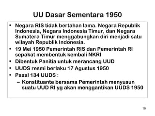 UU Dasar Sementara 1950
• Negara RIS tidak bertahan lama. Negara Republik
Indonesia, Negara Indonesia Timur, dan Negara
Sumatera Timur menggabungkan diri menjadi satu
wilayah Republik Indonesia.
• 19 Mei 1950 Pemerintah RIS dan Pemerintah RI
sepakat membentuk kembali NKRI
• Dibentuk Panitia untuk merancang UUD
• UUDS resmi berlaku 17 Agustus 1950
• Pasal 134 UUDS :
– Konstituante bersama Pemerintah menyusun
suatu UUD RI yg akan menggantikan UUDS 1950

16

 