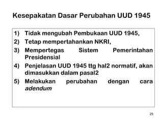 Kesepakatan Dasar Perubahan UUD 1945
1) Tidak mengubah Pembukaan UUD 1945,
2) Tetap mempertahankan NKRI,
3) Mempertegas
Sistem
Pemerintahan
Presidensial
4) Penjelasan UUD 1945 ttg hal2 normatif, akan
dimasukkan dalam pasal2
5) Melakukan
perubahan
dengan
cara
adendum

25

 