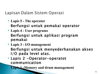    Lapis 5 - The operator
    Berfungsi untuk pemakai operator
   Lapis 4 - User programs
    Berfungsi untuk aplikasi program
    pemakai
   Lapis 3 - I/O management
    Berfungsi untuk menyederhanakan akses
    I/O pada level atas.
   Lapis 2 -Operator-operatot
    communication
   Lapis 1 -Memory and drum management
                                            19
 