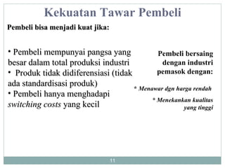 Kekuatan Tawar Pembeli Pembeli bisa menjadi kuat jika: Pembeli mempunyai pangsa yang besar dalam total produksi industri Produk tidak didiferensiasi (tidak ada standardisasi produk) Pembeli hanya menghadapi  switching costs  yang kecil Pembeli bersaing dengan industri pemasok dengan: *  Menawar dgn harga rendah * Menekankan kualitas yang tinggi 
