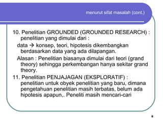 6
menurut sifat masalah (cont.)
10. Penelitian GROUNDED (GROUNDED RESEARCH) :
penelitian yang dimulai dari :
data  konsep, teori, hipotesis dikembangkan
berdasarkan data yang ada dilapangan.
Alasan : Penelitian biasanya dimulai dari teori (grand
theory) sehingga perkembangan hanya sekitar grand
theory.
11. Penelitian PENJAJAGAN (EKSPLORATIF) :
penelitian untuk obyek penelitian yang baru, dimana
pengetahuan penelitian masih terbatas, belum ada
hipotesis apapun,. Peneliti masih mencari-cari
 